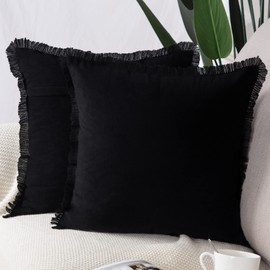 Madizz Set of 2 Suede Cushion Covers with Fringe Tassels 18x18 inch, 45x45 cm, Black Soft Decorative Throw Pillow Cases for Sofa Bedroom Pillow Shell