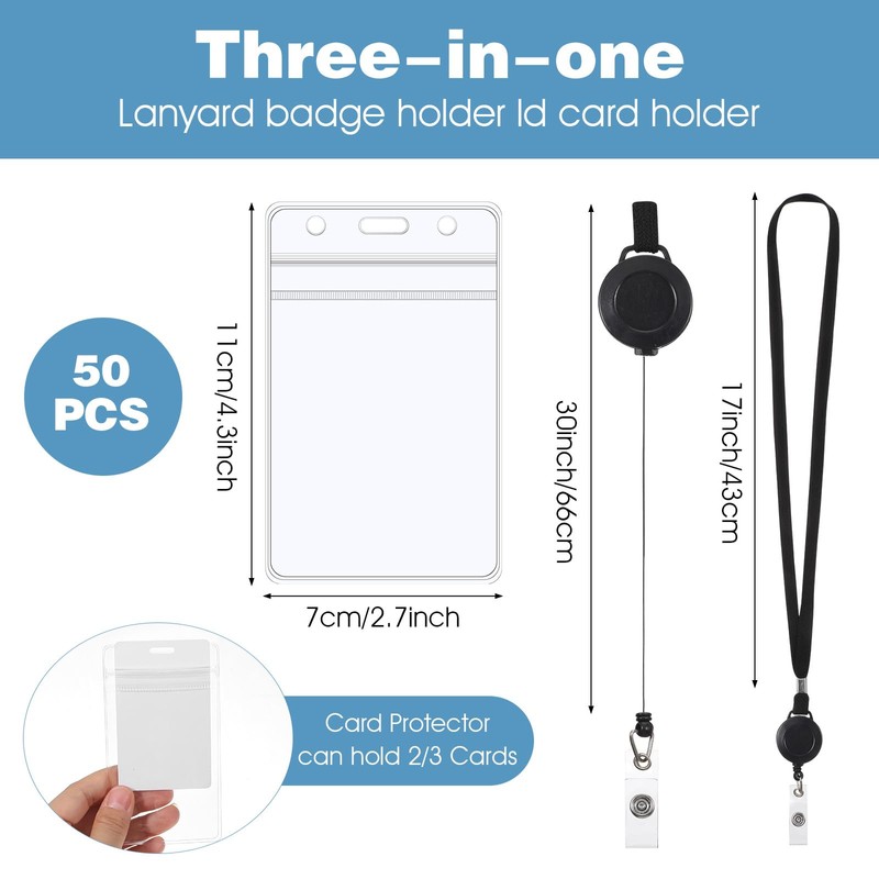 50 Set Lanyard with ID Holder, Flat Lanyard with Retractable