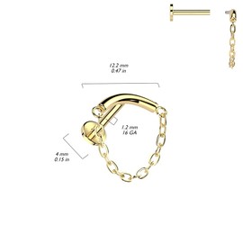 Pierced Owl 16GA ASTM F-136 Implant Grade Titanium Internally Threaded Curved Bar with Dangling Chain Hidden Helix Flat Back Stud (Black)