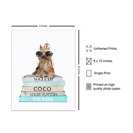 Fashion Wall Art for Yorkie Lovers - Luxury High Fashion Room Decor, Home Decoration for Bedroom, Bathroom, Living Room - Blue Glam Dog Wall Decor - Dog Lover Gifts for Women, Girls, Teens - Unframed