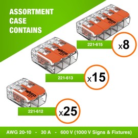 WAGO 221 Series 48pc 10 AWG Compact Splicing Wire Connectors | Includes (25x 221-612), (15x 221-613), (8X 221-615) | WAGO Wire Connectors | 221 Series 10 AWG Lever Nuts | (2-Port) (3-Port) (5-Port)