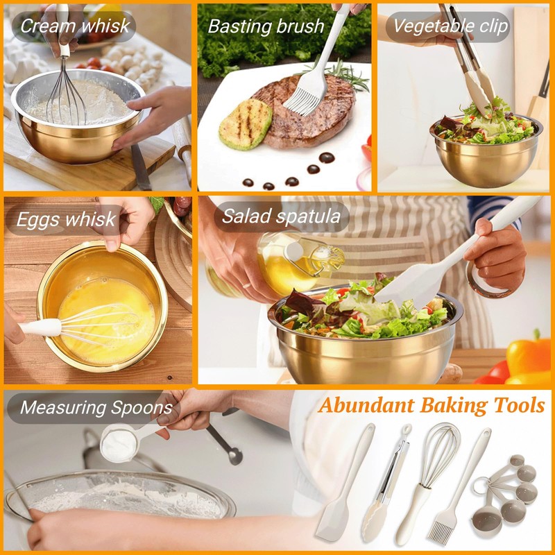 7 Pack Gold Mixing Bowls Set with 5 PCS Kitchen