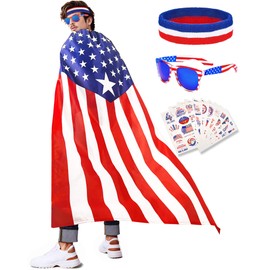 YUSPENYE American Flag Cape, USA Sunglasses, Headband & Patriotic Tattoos for 4th of July and Patriotic Events
