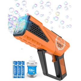 Joyfuture Bubble Gun - Bubble Machine for Kids - Toys Gifts for Boys Ages 3+ Year Old - Bubbles Blaster with 8-Hole Wands & LED Light, Include Bubble Solution - Orange