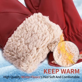 Women's Leather Mittens Warm Lambskin Mittens Winter Fleece Lined,Red,M