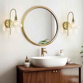 LPINMEIJU Vintage Wall Sconces with Clear Flower Glass Lampshade, Indoor Bath-Room Wall Sconce, Modern Gold Industrial Lighting Fixture for Mirror Living Room Hallway 1 Pack