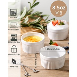 Hasense Ceramic Ramekins, 8 oz Creme Brulee Ramekins Set of 6, Porcelain Souffle Cups for Pudding, Dipping Sauce, Ice Cream, Custard, Ceramic Baking Dish, Dishwashing Safe, White