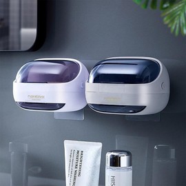 NEWBOVIK Soap Holder with Lid, Premium ABS Soap Dish with Drain Holes, Wall Mounted Bar Soap Holder for Shower & Bathroom – Soap Container Keeps Soap Dry & Hygienic and Organized (White)