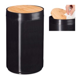 Relaxdays Cosmetic Bin, Bamboo Swing Lid, Modern Bathroom Bin, Plastic, 5.5 L, H x D: 26.5 x 18 cm, Assorted Colours