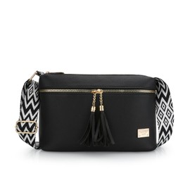 JINSI Crossbody Bag for Women PU Leather Cross Body Bags Handbag with Adjustable Wide Strap Shoulder Bag Three Compartment Strap with Tassel Ladies Girls Travel Shopping Work Daily Use, Black