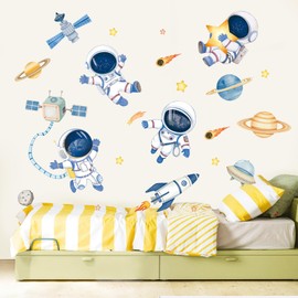 fufuquare Cartoon Space Theme Wall Sticker with Astronaut and Planet, Peel and Stick DIY Wall Sticker for Boys and Girls Bedroom, Children's Room, Playroom