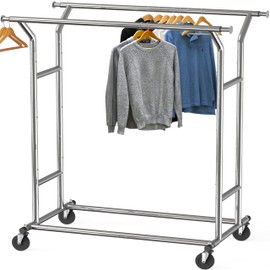 Simple Houseware Heavy Duty Double Rail Clothing Garment Rack, Holds Up to 200 lbs, 43 to 67 Inches Extendable Rod, Chrome
