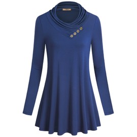 Miusey Tunics for Women Ladies Athletic Long Sleeve Decorative Button Design Cowl Neck Top Form Fitting Casual Knitted Round Swing Pleated Elastic Blouse Casual Work Sweaters Blue XXXL