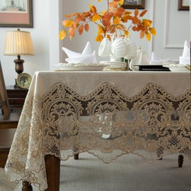 Charoama Corded Embroidery Yarn Tablecloth 60x102 inch - Faux Linen Water-Resistant Rustic Tassel Table Cloth - Floral Decor Rectangle Table Cover for Kitchen Patio Parties Picnics Dining Occasion