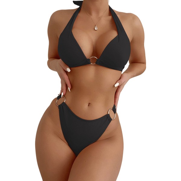SweatyRocks Women's Ring Linked Halter Push Up Bikini Swimsuit High
