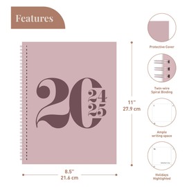 Rileys Planner 2024-2025 18-Month Academic Weekly Planner - Typographic Weekly & Monthly Agenda Planner, Flexible Cover, Notes Pages, Twin-Wire Binding (8 x 11 inch, Pink)