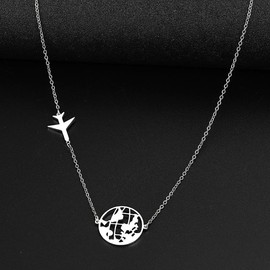YIQPKUM Cute Airplane Sideways Necklace Stainless Steel World Map Pendant Aircraft Jewelry for Women Stewardess Charms Travel Gifts, Medium, Base Metal, No Gemstone
