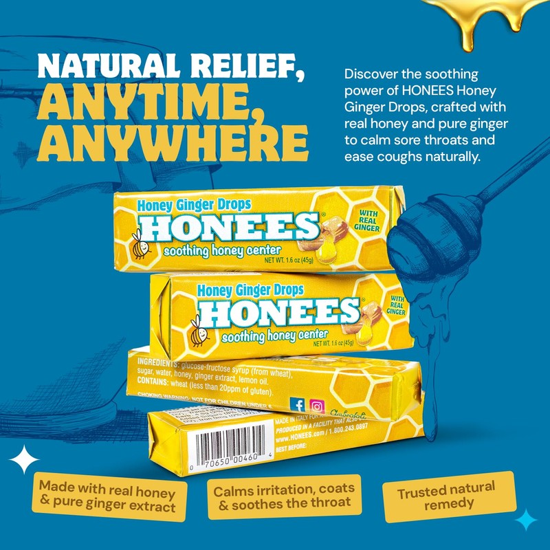 Honees Filled Honey Ginger Drops, Natural Cough Drops- Pure Ginger