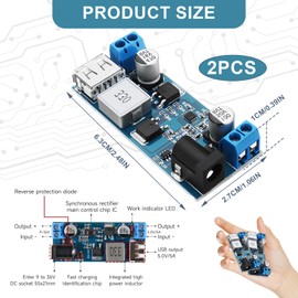 Power Buck Converter, 2 Pack 24V/12V to 5V Converter, DC to DC Step Down Power, High Efficiency Voltage Regulator for DIY Electronic Projects, Wide Compatibility Power Conversion