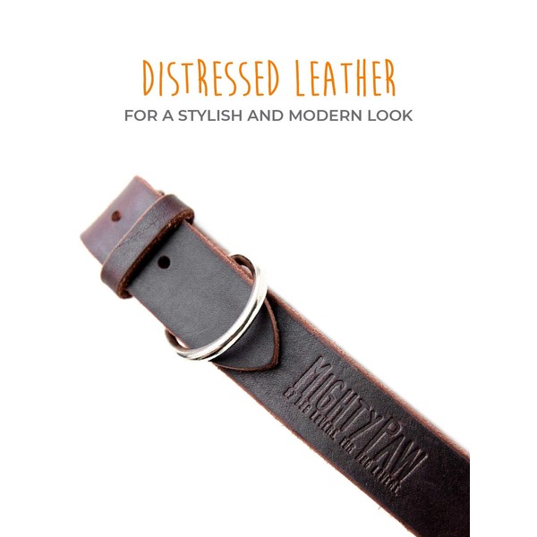 Mighty Paw Leather Dog Collar | Distressed Real Genuine Leather and a Strong Metal Buckle. Super Soft for Ultimate Comfort. Modern Designer Look for Small, Medium, Large and XL Pets (Brown)