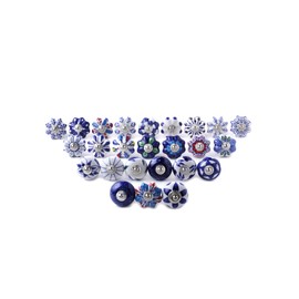 The Boho Street Set of 25 Assorted Ceramic Knobs Hand Painted Vintage Collection Blue and White Pumpkin and Round Knobs Cabinet Drawer Handles Pulls