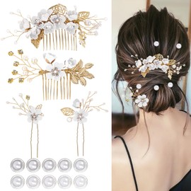 4Pcs Wedding Hair Accessories for Women, Classy Bridal Hair Pins Flower Bridesmaid Hair Accessories 10Pcs Spiral Pearl Hair Pins for Brides Bridesmaids Women Girls (White)