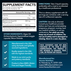 Black Seed Oil with DHA Supplement for Brain Health and Cognition - Cold Pressed Black Cumin Seed Oil and DHA Omega 3-60 Liquid Capsules, Unflavored, Vegan, Non-GMO, and Gluten-Free - 1 Month Supply