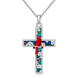 Red Cardinal Gifts Abalone Cardinal Necklaces for Women Sterling Silver Cross Necklace Memorial Bird Christmas Jewelry for Lloss of Loved One