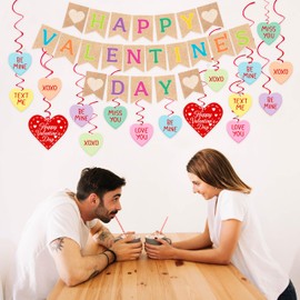 27PCS Valentines Day Decorations Happy Valentine ‘s Day Banners Hanging Swirls Conversation Hearts Party Decor Classroom Office Supplies