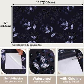 VaryFloral Dark Black Floral Wallpaper 30.5cmx300cm Peel and Stick Wallpaper Leaf and Bud Pattern Contact Paper Purple Sticky Back Plastic Vintage Worktop Vinyl Wrap for Bedroom Cabinet Furniture