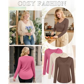 Ficerd 3 Pack Women's Plus Size T-Shirts, V Neck Long Sleeve Blouse Shirts Loose Fit Curved Hem Tees Casual Swing Tunic Tops(Coffee, Cream, Peach,5X-Large)