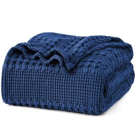PHF 100% Cotton Waffle Weave Blanket King Size, Lightweight Washed Cotton Blanket for Spring & Summer - 108"x90" Aesthetic Soft Woven and Breathable Blanket for Bed Sofa Home Decor - Bright Navy Blue
