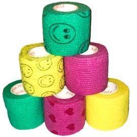 2 Inch Self Adhesive Medical Bandage Wrap Sport Tape (Teal, Yellow, Plum, Smiles on Yellow and Green Hearts) (6 Rolls) Strong Elastic Self Adherent Flex Rolls for Wrist Ankle Knee Sprains Swelling