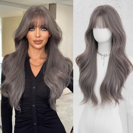 7JHH WIGS 28in Natural Grey Purple Long Wavy Bangs Wigs Natural Dark Grey Heat Resistant Synthetic Fiber Layered Wavy Women Wigs for Chrismas Daily Party Daily Used