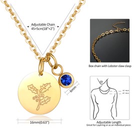 Birth Month Flower Necklace Birthday Gifts for Women - Round Disc Charm Birthstone Necklace | Dainty Gold Engraved Floral Pendant Necklaces for Teen Girls Best Friend, 18"+2" - December
