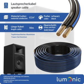 Lumonic Speaker Cable | 50 m Black | 2 x 0.5 mm² CCA | Blue Marking HiFi Speaker Cable | Audio Twin Cable