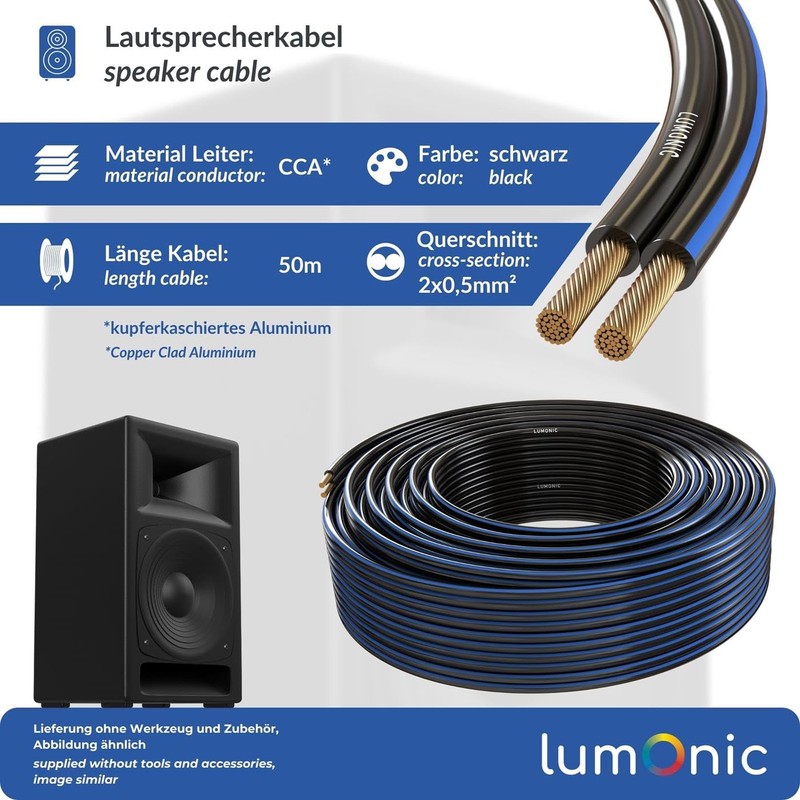 Lumonic Speaker Cable | 50 m Black | 2 x