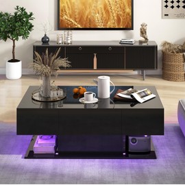 Giantex Modern LED Coffee Table - 2-Tier Center Table w/ 2 Storage Drawers, Adjustable Brightness & Speed, 20-Color Light, 43.5''L Rectangular High-Gloss Finished Table for Living Room (Black)