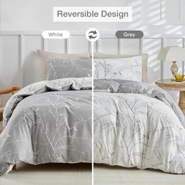 Lekesky Bed Linen 135 x 200 cm, 2-Piece Duvet Cover, Branch and Leaf Motif Bed Linen Set 135 x 200 cm Microfibre with Pillowcase with Zip 80 x 80 cm x 1, Grey/White