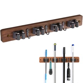 Mistcado Broom Holder Wall, Wooden Broom Mop Holder Wall Mount with 4 Holders and 3 Hooks, Laundry Room Organisation and Storage, Mop Holder for Home Organisation, Garden, Garage, Kitchen, Cupboard