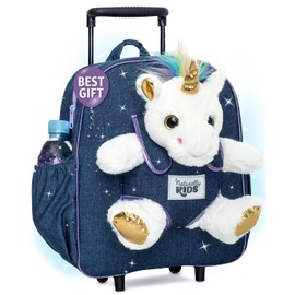 【Upgraded】Toddler Luggage for Girls w Removable Unicorn Toy | Side & Inner Pockets, Reflective Logo, Name Tag, Sparkly Denim | Kids Rolling Backpack | Travel & Birthday Gifts for 3 4 5 6 Year Old