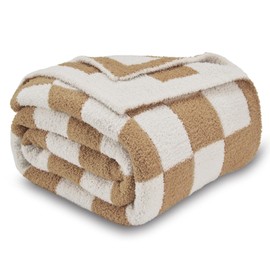 CozeCube Checkered Blanket, Ultra Soft Cozy Tan Brown Checkered Throw Blanket, Warm Fluffy Checkerboard Throw Blanket, Tan Brown and White Checkered Blanket for Home Decor, 50"x60", Khaki Tan