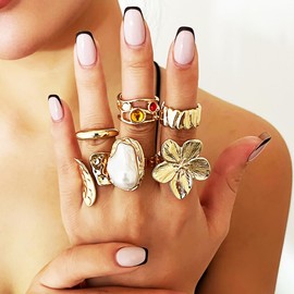 Esther 6pcs Vintage Style Statement Gold Rings for Women Dainty Stackable Finger Adjustable Ring Set(Gold)