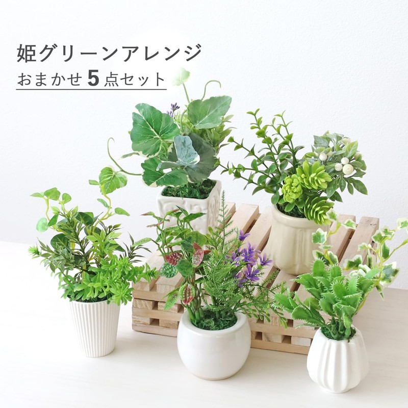 山久 造花 インテリア CT触媒加工のグリーンミニポット 5個おまかせセット 姫グリーン 観葉植物 0910-9010a 人工観葉植物 フェイクグリーン