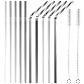 Set of 10 Stainless Steel Straws, HuaQi Bent Reusable Drinking Straws 10.5'' Long 0.24‘’ Dia for 30 oz Tumbler and 20 oz Tumbler, 2 Cleaning Brush Included