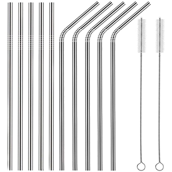 Set of 10 Stainless Steel Straws, HuaQi Bent Reusable Drinking Straws 10.5'' Long 0.24‘’ Dia for 30 oz Tumbler and 20 oz Tumbler, 2 Cleaning Brush Included