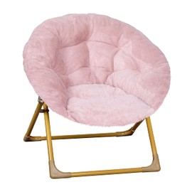 Flash Furniture Gwen Kids Cozy Mini Folding Saucer Chair - Blush Faux Fur Moon Chair - Soft Gold Metal Frame - 23" Portable Folding Chair For Living Room or Bedroom