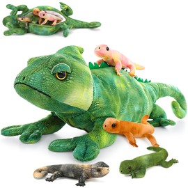 MorisMos - Animales de peluche de lagarto camaleón con 4 bebés en el interior, felpa de lagarto de peluche de mami, juguete de lagarto de dragón de Iguana y lagarto de gecko, juguetes de camaleón