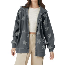 MISSACTIVER Women Star Graphic Zip Up Hoodies Y2k Drawstring Star Print Sweatshirt Oversized Jackets with Slant Front Pocket Grey