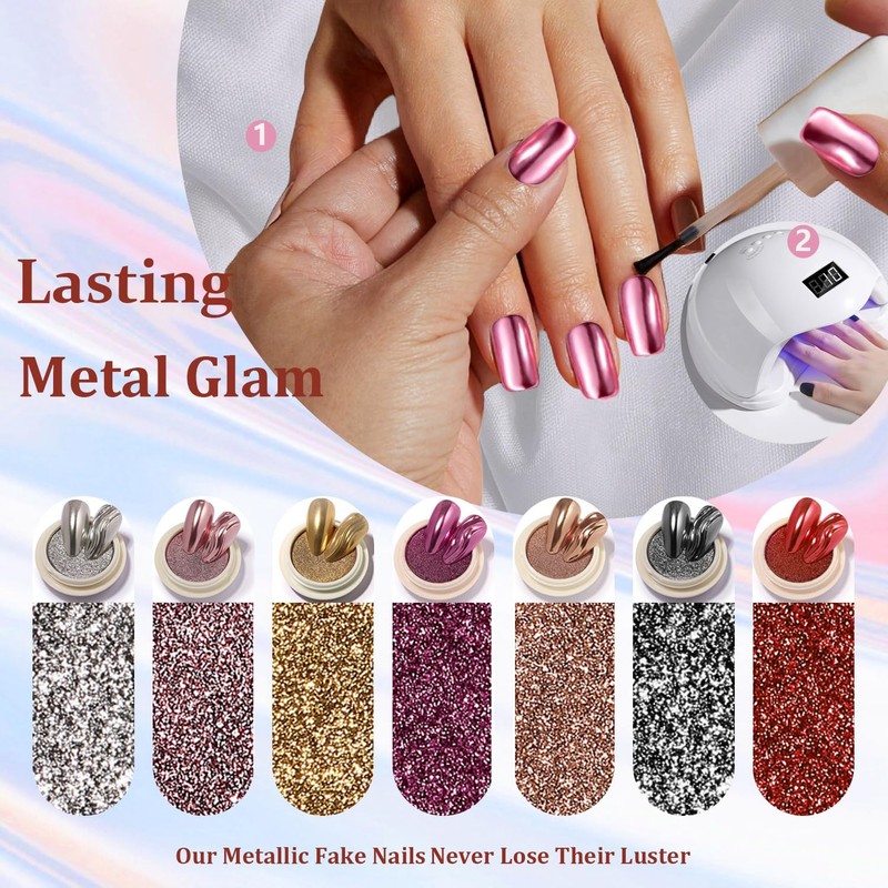 Coconut Pink Chrome Square Press on Nails Short Medium,SXVME Metallic